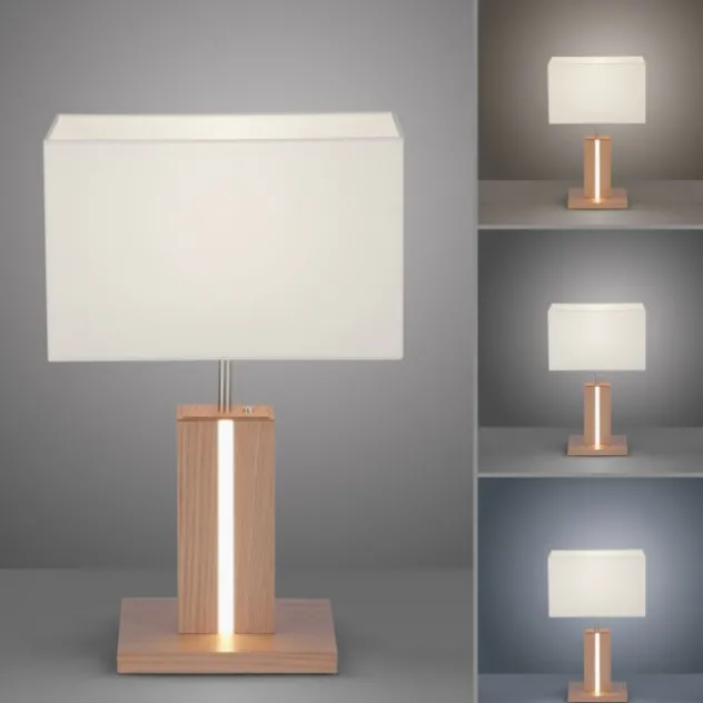 LED-Tischleuchte, Holzdekor, CCT Farbmanagement, dimmbar, Wippschalter