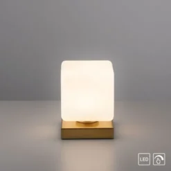 LED Tischleuchte messing farbig Würfelform Touchdimmer zeitloses Design