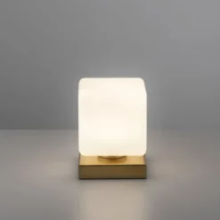 LED Tischleuchte messing farbig Würfelform Touchdimmer zeitloses Design