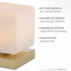 LED Tischleuchte messing farbig Würfelform Touchdimmer zeitloses Design