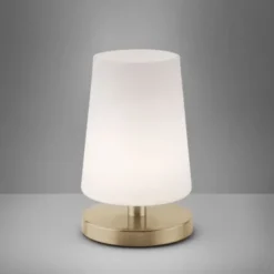 LED-Tischleuchte, messing matt, länglicher Lampenschirm, inkl. Touchdimmer