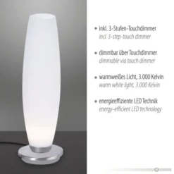 LED Tischleuchte, Opalglas, schlichtes Design, silberfarbener Fuß, dimmbar