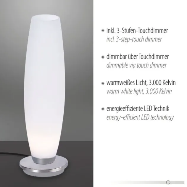LED Tischleuchte, Opalglas, schlichtes Design, silberfarbener Fuß, dimmbar