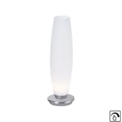LED Tischleuchte, Opalglas, schlichtes Design, silberfarbener Fuß, dimmbar