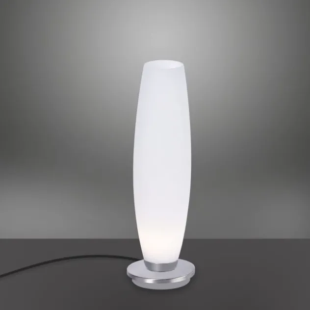LED Tischleuchte, Opalglas, schlichtes Design, silberfarbener Fuß, dimmbar