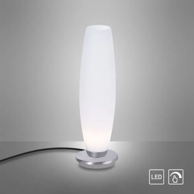 LED Tischleuchte, Opalglas, schlichtes Design, silberfarbener Fuß, dimmbar