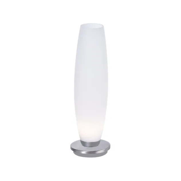 LED Tischleuchte, Opalglas, schlichtes Design, silberfarbener Fuß, dimmbar