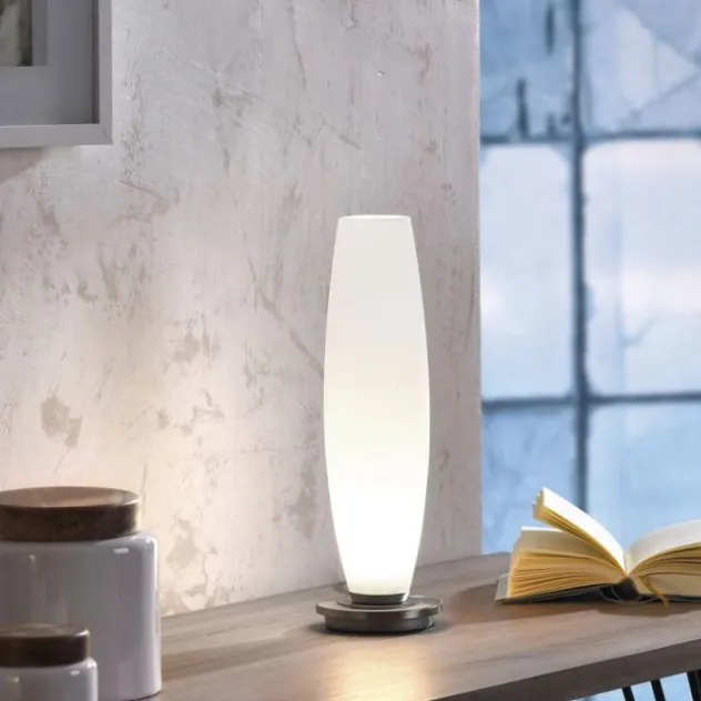 LED Tischleuchte, Opalglas, schlichtes Design, silberfarbener Fuß, dimmbar