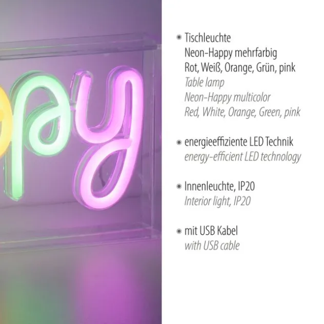 LED Tischleuchte Schriftzug Happy mehrfarbig USB Schalter dekorativ