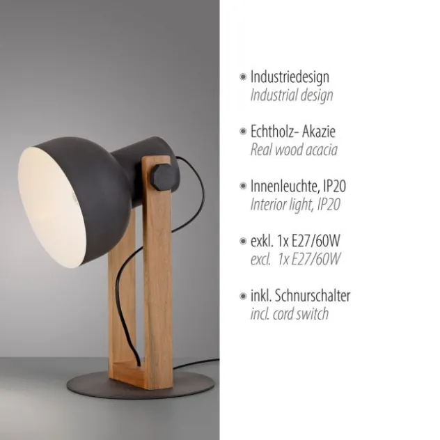 LED Tischleuchte schwarz Akazienholz höhenverstellbar Industrial