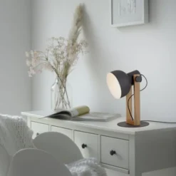 LED Tischleuchte schwarz Akazienholz höhenverstellbar Industrial