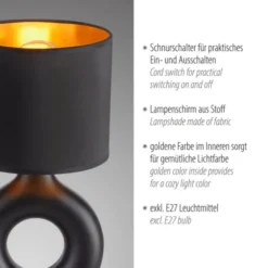 LED Tischleuchte schwarz gold Schnurschalter Stoffschirm Sideboard