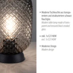 LED Tischleuchte schwarz Rauchglas Schnurschalter rund