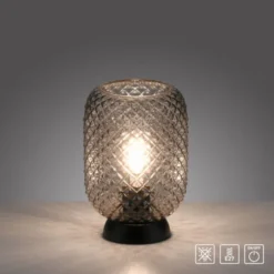 LED Tischleuchte schwarz Rauchglas Schnurschalter rund
