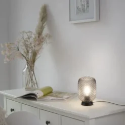 LED Tischleuchte schwarz Rauchglas Schnurschalter rund