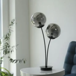 LED Tischleuchte, schwarz, schlicht, Schnurschalter, 2 flammige Tischlampe