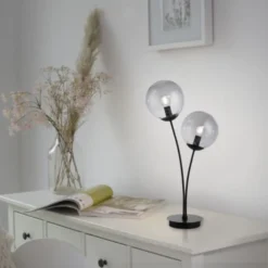LED Tischleuchte, schwarz, schlicht, Schnurschalter, 2 flammige Tischlampe