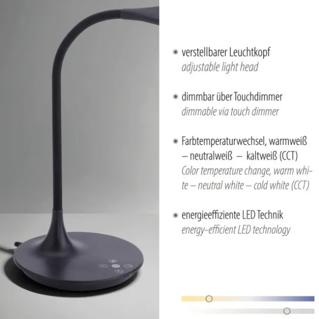 LED-Tischleuchte, schwarz, Touch-Dimmer, Lichtfarbsteuerung, modern