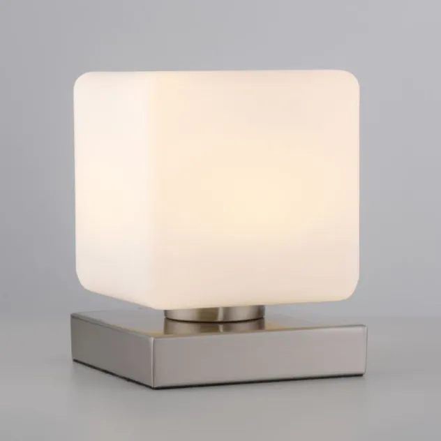 LED Tischleuchte silber farbig Würfelform Touchdimmer zeitloses Design