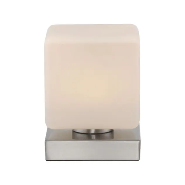 LED Tischleuchte silber farbig Würfelform Touchdimmer zeitloses Design