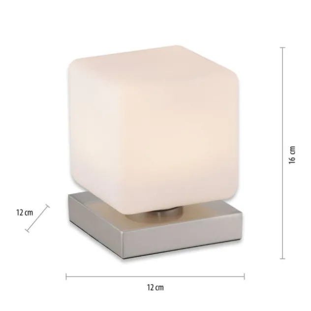 LED Tischleuchte silber farbig Würfelform Touchdimmer zeitloses Design