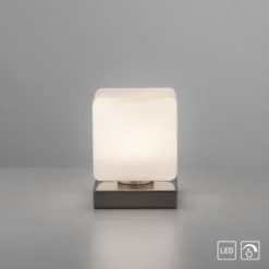 LED Tischleuchte silber farbig Würfelform Touchdimmer zeitloses Design