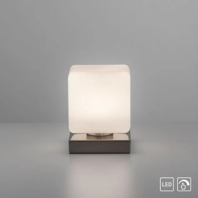LED Tischleuchte silber farbig Würfelform Touchdimmer zeitloses Design