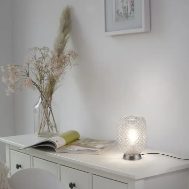 LED Tischleuchte silber Lichtspiel geriffelt Klarglas Schnurschalter