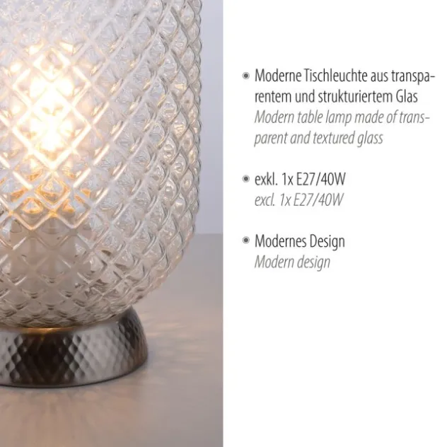 LED Tischleuchte silber Lichtspiel geriffelt Klarglas Schnurschalter