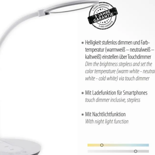 LED-Tischleuchte, weiß, Dimmbar, CCT, inkl. Ladestation für Smartphone