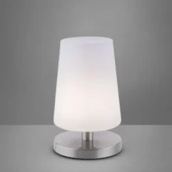 LED-Tischleuchte, weiß-stahl, mit dezentem Lampenschirm, inkl. Touchdimmer