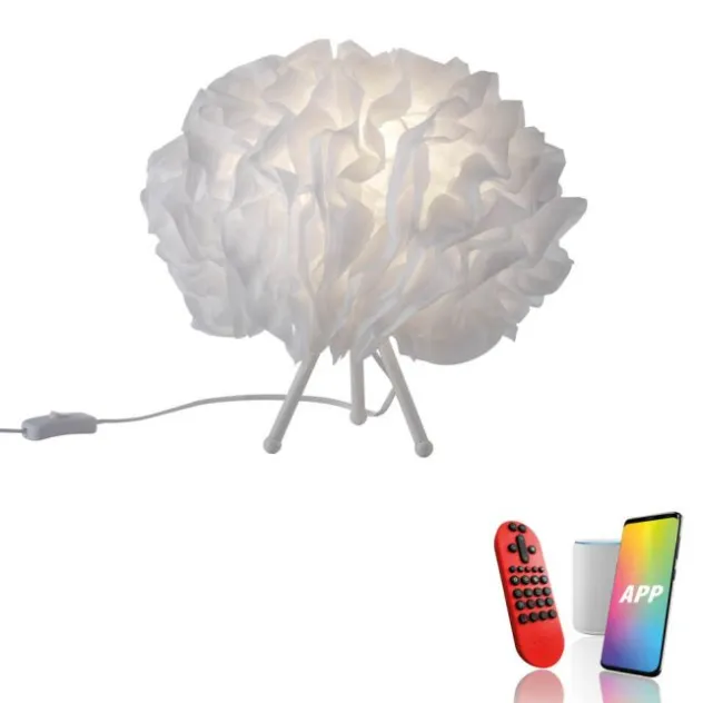 LED-Tischleuchte, weiß, Stoff, dimmbar, Fernbedienung, App