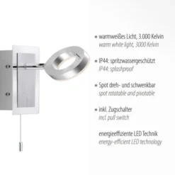 LED-Wandleuchte, aluminium-matt, IP44, Zugschalter, dreh und schwenkbar