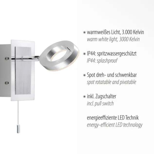 LED-Wandleuchte, aluminium-matt, IP44, Zugschalter, dreh und schwenkbar