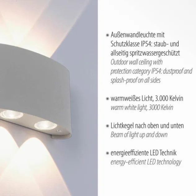 LED-Wandleuchte, Außenleuchte, silber, halbrund, 4flg, warmweiß, Up+Down, IP54