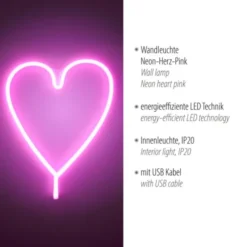 LED Wandleuchte Herz Pink USB Acryl Schnurschalter Dekorationslampe