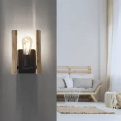 LED Wandleuchte Naturholz rustikal mattschwarz 1 flammige Flur Wohnzimmer