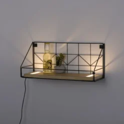 LED Wandleuchte Regal 46x16x20cm schwarz Boden aus Holz warmweiß Schalter