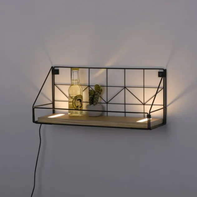 LED Wandleuchte Regal 46x16x20cm schwarz Boden aus Holz warmweiß Schalter