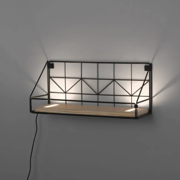 LED Wandleuchte Regal 46x16x20cm schwarz Boden aus Holz warmweiß Schalter