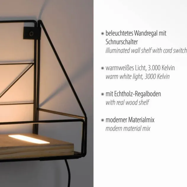 LED Wandleuchte Regal 31x16,5x20cm schwarz Boden aus Holz warmweiß Schalter