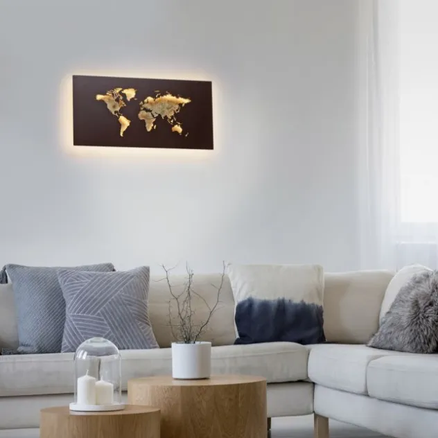 LED Wandleuchte rost Weltkarte beleuchtet goldfarbig wamweiß Wandbild