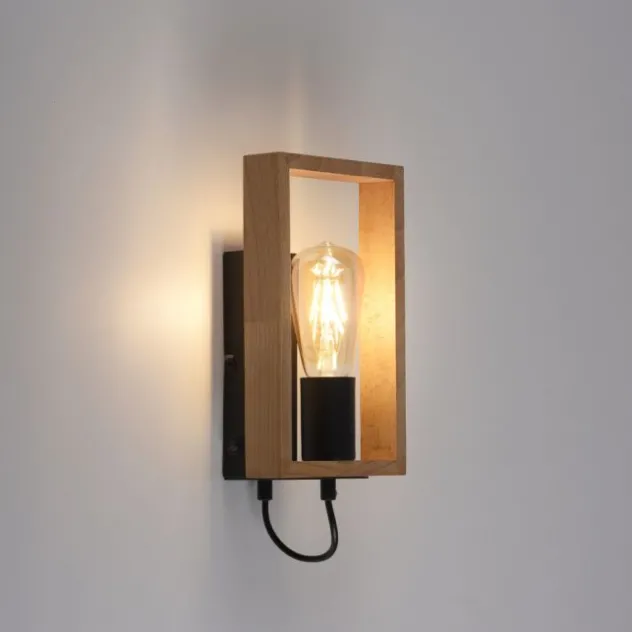 LED Wandleuchte, schwarz, Holzrahmen, Wippschalter, Metall, 1 flammige Wandlampe