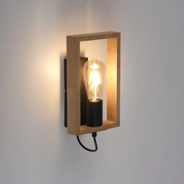 LED Wandleuchte, schwarz, Holzrahmen, Wippschalter, Metall, 1 flammige Wandlampe
