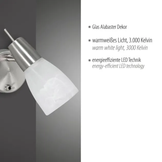 LED-Wandleuchte, Stahl, Kippschalter, Alabasterglas, dreh und schwenkbar