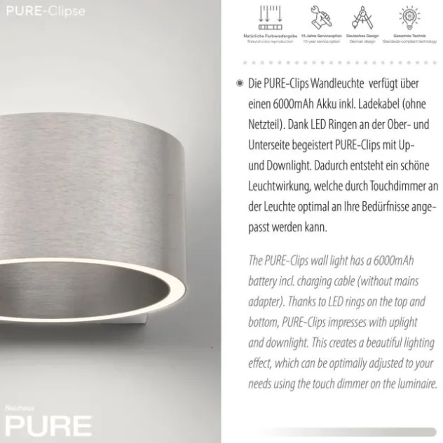 Neuhaus PURE® Akku Wandleuchte PURE Clipse diamond (alu)