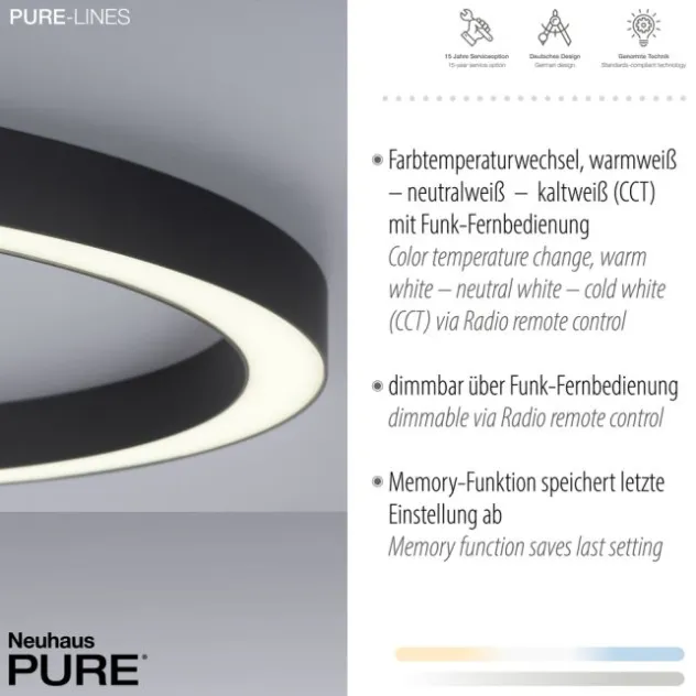 Neuhaus PURE® LED Deckenleuchte PURE Lines Round, graphite, 70cm, CCT, Fernbedienung
