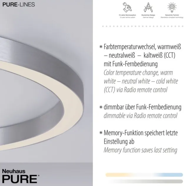Neuhaus PURE® LED Deckenleuchte PURE Lines Round, diamond (alu), 70x70, dimmbar, FB
