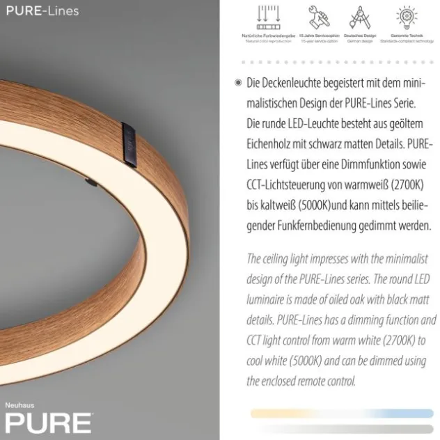 Neuhaus PURE® LED Deckenleuchte PURE LINES ROUND, Eiche geölt, 50 cm, dimmbar