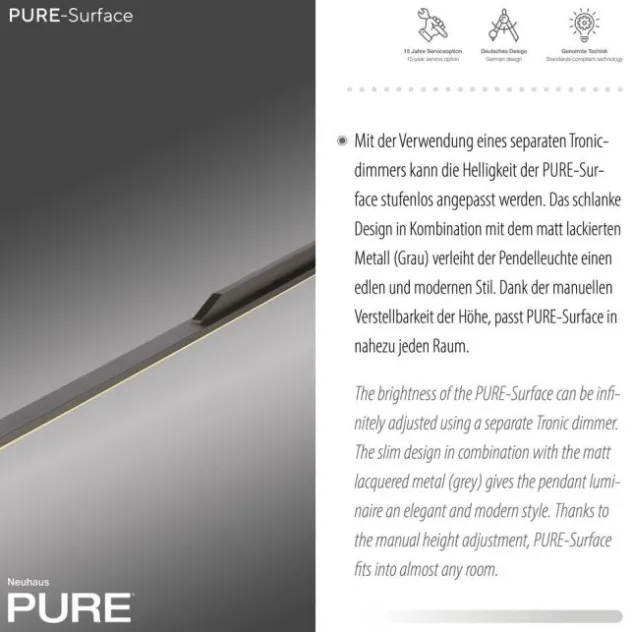 Neuhaus PURE® LED Pendelleuchte PURE Surface, platin (grau),160x25 höhenverstellbar